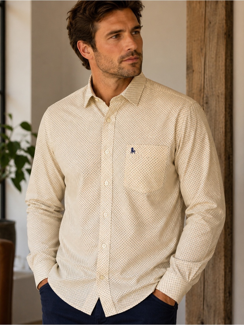 Z3 Relaxed Luxury Men's 43/44 Large Yellow Micro Print Button Front Dress Shirt